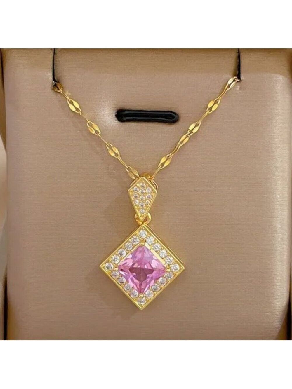 18K Gold Plated Stainless Steel Layered Zircon Pendant Necklace – Pink CZ